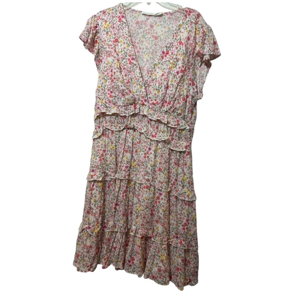 Altar'd State Pink and Red Wrap Midi Dress with Flutter Sleeves